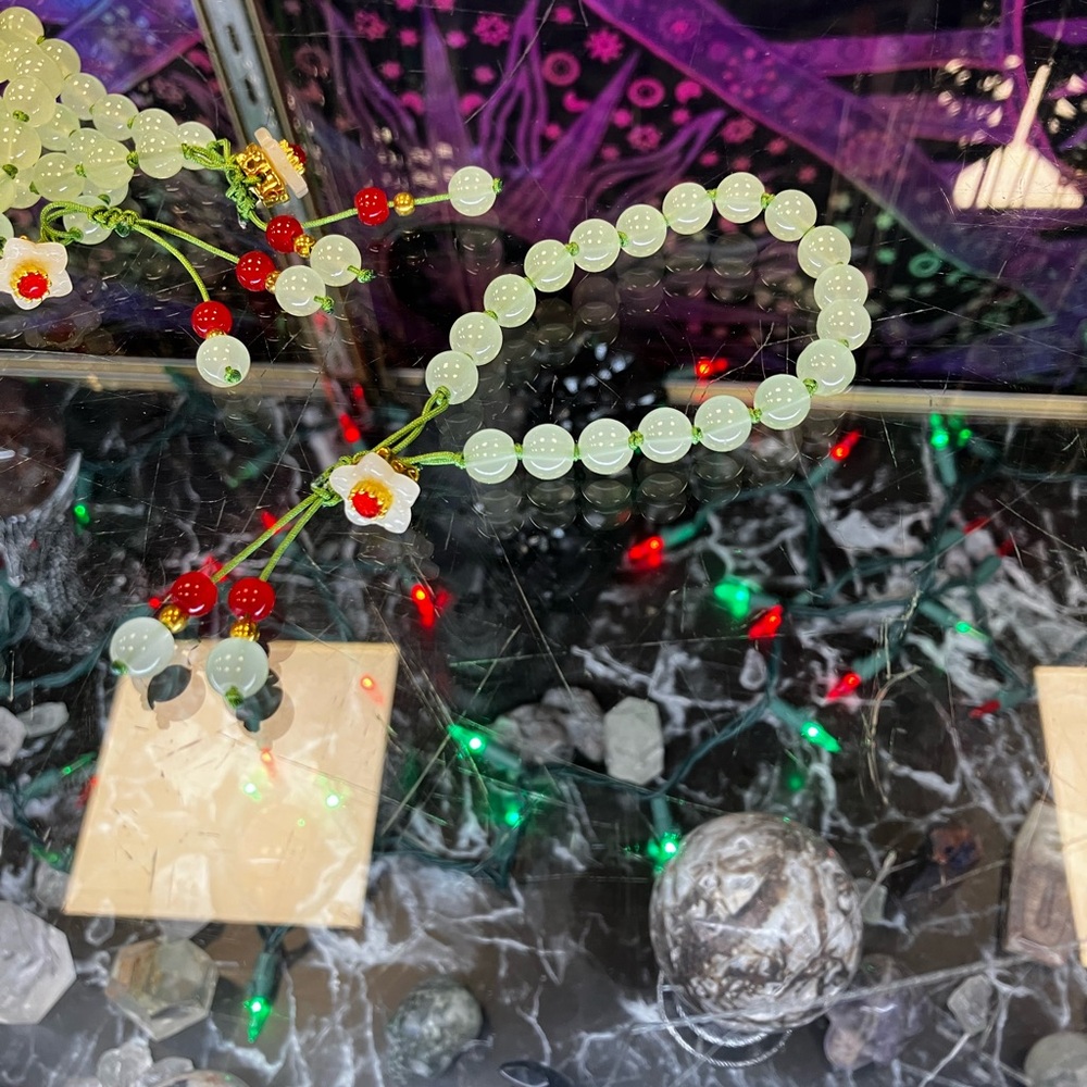 Green and Red Beaded Necklace with Floral Accents